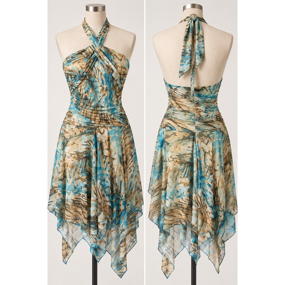 Y2K Fairycore Halter Handkerchief Dress Aqua Brown Hoco Party S